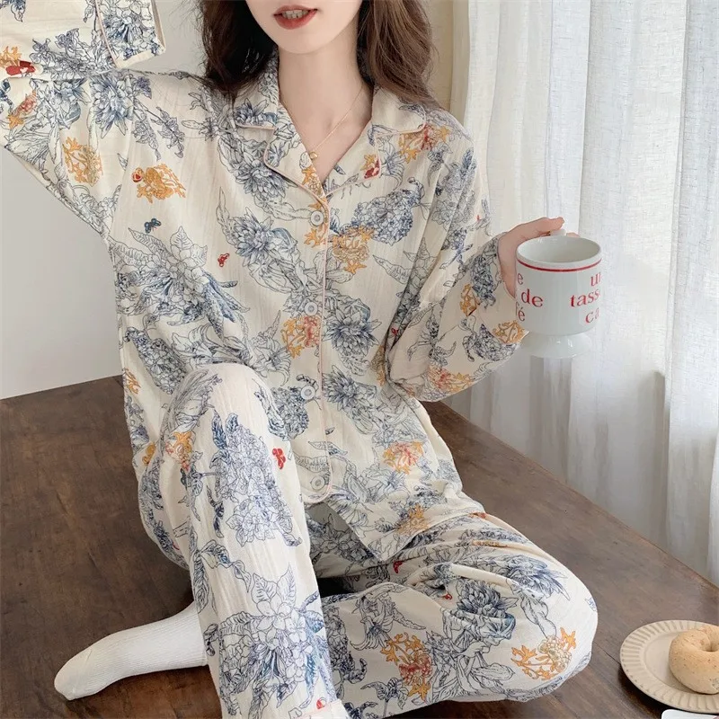 Pajamas Women's Spring and Autumn Long Sleeve Cardigan Set Cute Printed Lace Wrinkled Cloth Loungewear 2-piece Set Pajamas