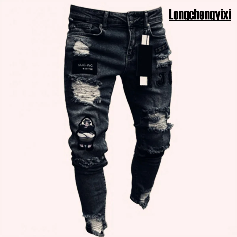 Men Stretchy Ripped Skinny Biker Embroidery Cartoon Print Jeans Destroyed Hole Slim Fit Denim High Quality Hip Hop Black Jeans