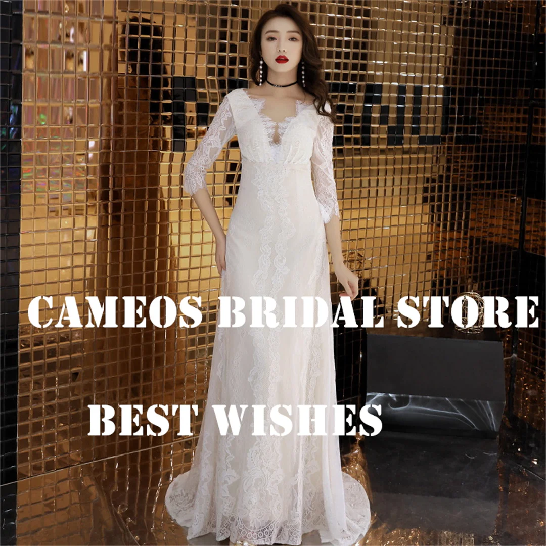 

SONDR Custom Made Lace Wedding Dresses V Neck Half Sleeves Bohemian Korea Ankle Brides Gowns Ivory Women Bridal Dresses