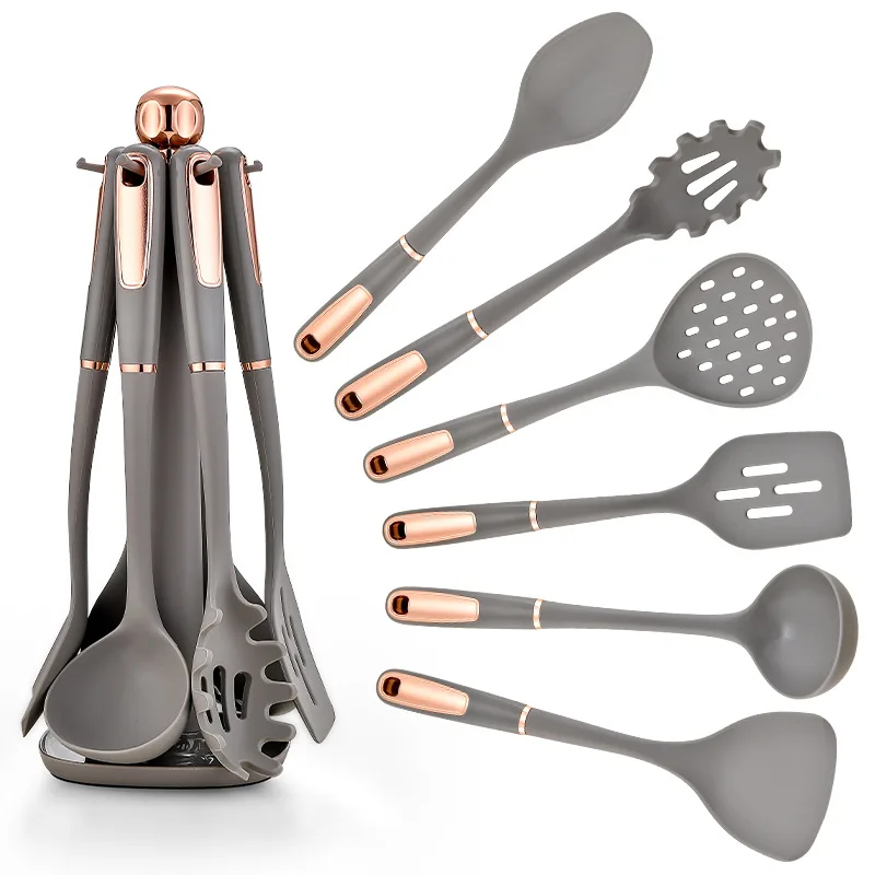 

7Piece Set Non stick silicone kitchenware with rotating storage seat ABS handle cooking shovel spoon kitchenware set