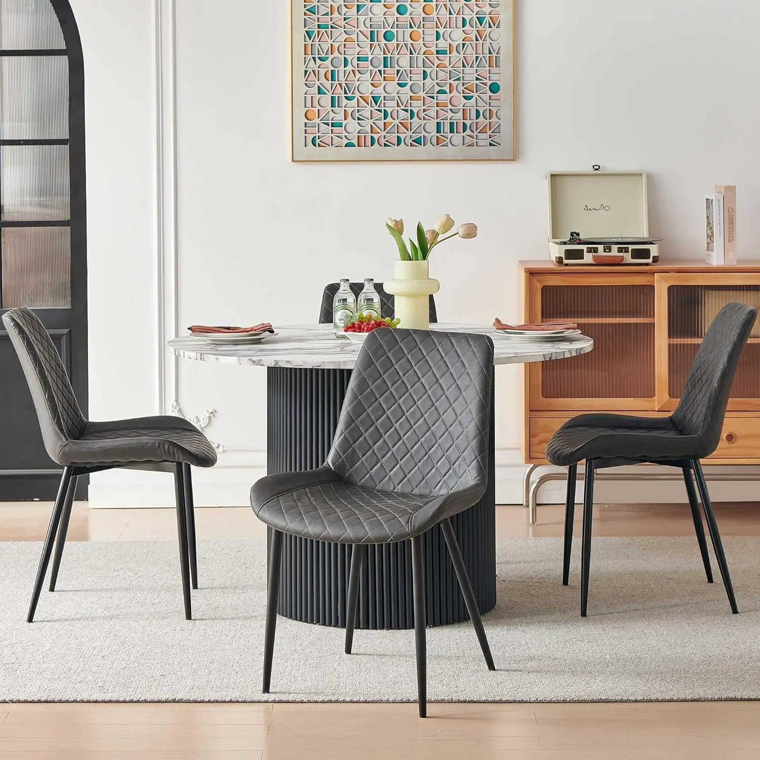 

Dining Chairs Set of 2, Modern Upholstered Faux Leather Dining Room Chairs with Diamond Quilted Cushion, Sturdy Metal Legs