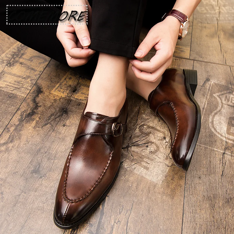 Men's Business Leather Footwears Cowhide Retro Wedding Party British Style Footwears Male Pointed Toe Buckle Strap Dress Shoes