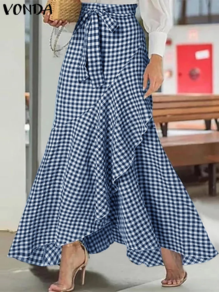 VONDA Women Asymmetric Skirts 2025 Casual Waistband Split Long Skirts Elegant Plaid Overskirts Ruffled Office Lady Bottoms