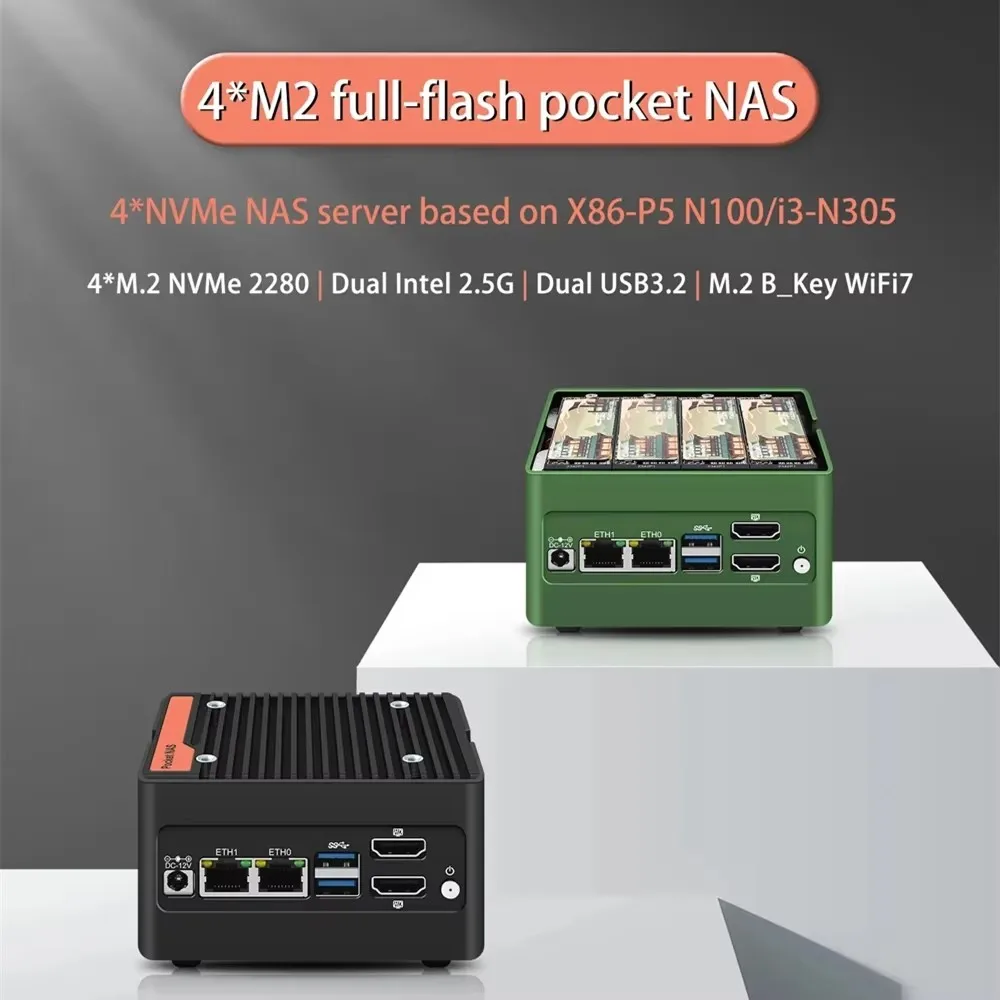 Nuovo Pocket NAS 4xM.2 NVMe Board 12th Gen Firewall Mini PC Intel i3 N305 N100 2xi226-V 2.5G Router morbido DDR5 4800 2xUSB3.2 2xHD