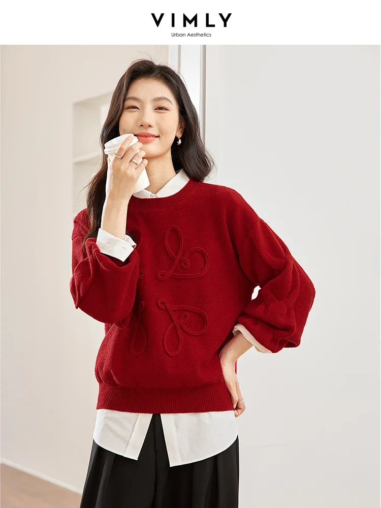 VIMLY Line 3D Pattern Knit Sweater Women Simple Loose Long Sleev Sweater Fall Winter Commuter Warm Christmas Lazy Style Sweater