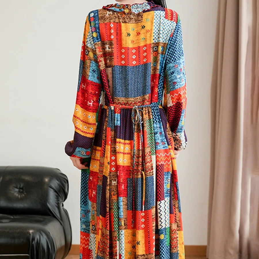 Cotton Silk Family New Exotic Style Retro Long-sleeved Nightdress Cotton Silk Can Be Worn Outside Holiday Style Women's Dress