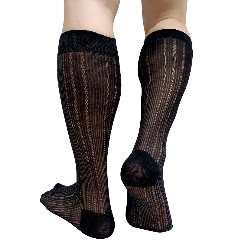 Knee High Mens Socks Formal Dress Suit Black Striped See Through Sexy Lingerie Mens Stocking Hose Business Wedding Gifts