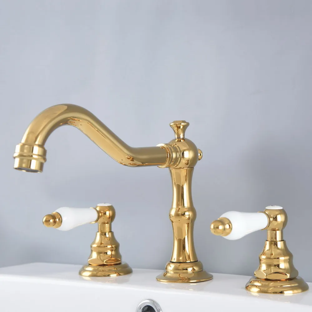 Imagem -04 - Gold Color Brass Widdifundido Dual Handle Faucet Lavatório do Banheiro Torneiras Misturadoras Deck Montado Furos Torneira Pia do Lavatório Anf982