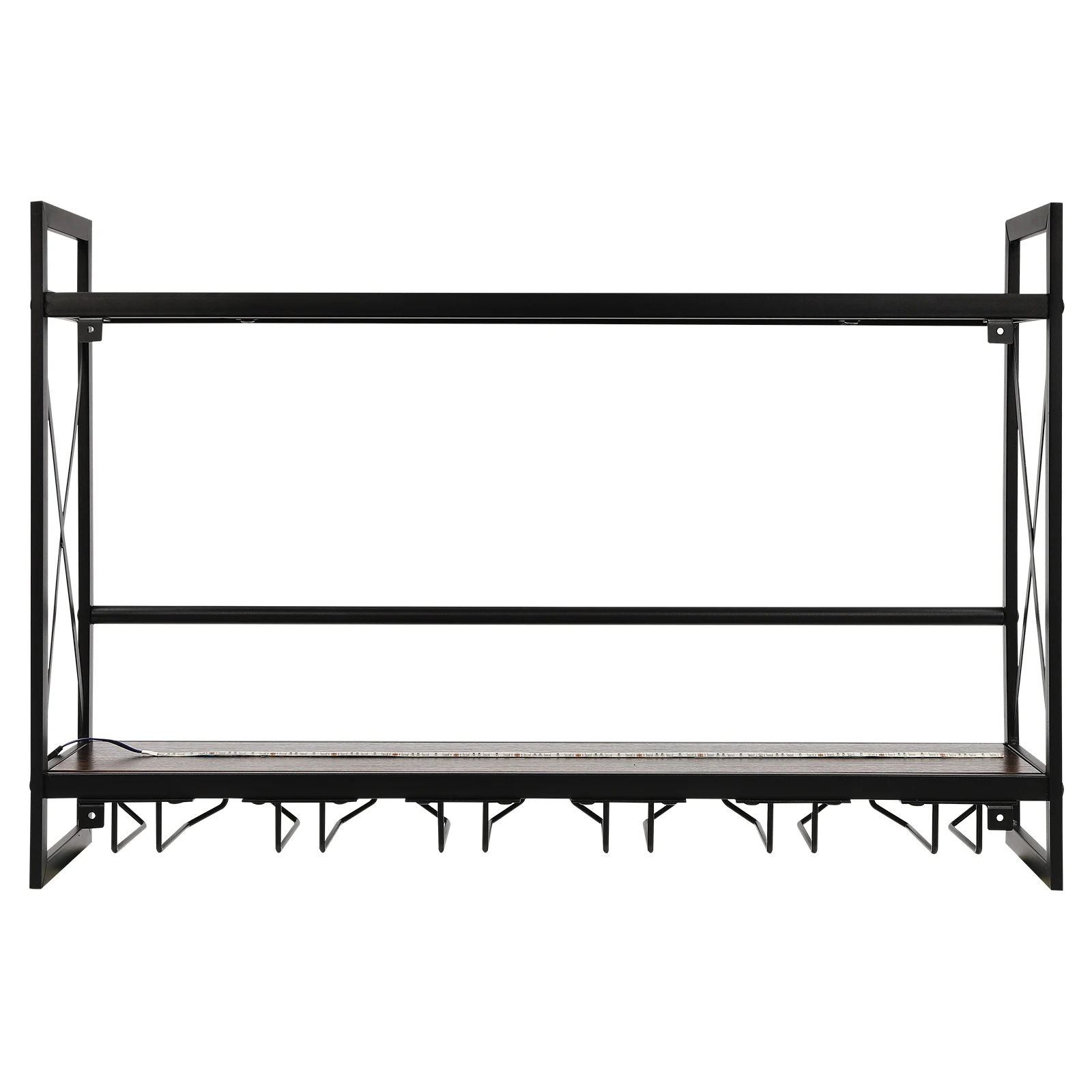 Bymaocar LED Wall-Mounted Wine Rack with Remote Control | 2-Tier Industrial Metal Hanging Wine Rack | 6 Stem Glass Holders