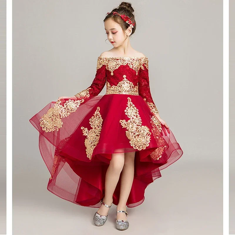 Flowers Girls Dresses Burgundy Lace Golden Appliques Boat Neck Zipper Back Full Sleeves High/Low Customization Girl Ball Gown