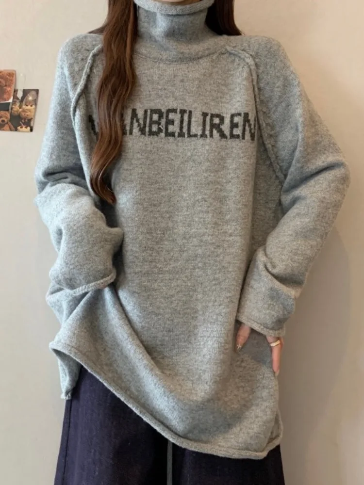 

Свободный вязаный свитер с высоким воротником для женщин, весенняя мода, большие размеры, скрывающий живот, средней длины, прикрывающий ягодицы, вязаный топ