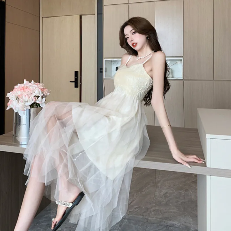 Fairy Wind Gauze Little White Dress Women's Summer Can Usually Wear Breast Slip Dress Female Desire Spice Girl Sexy Dresses 2961