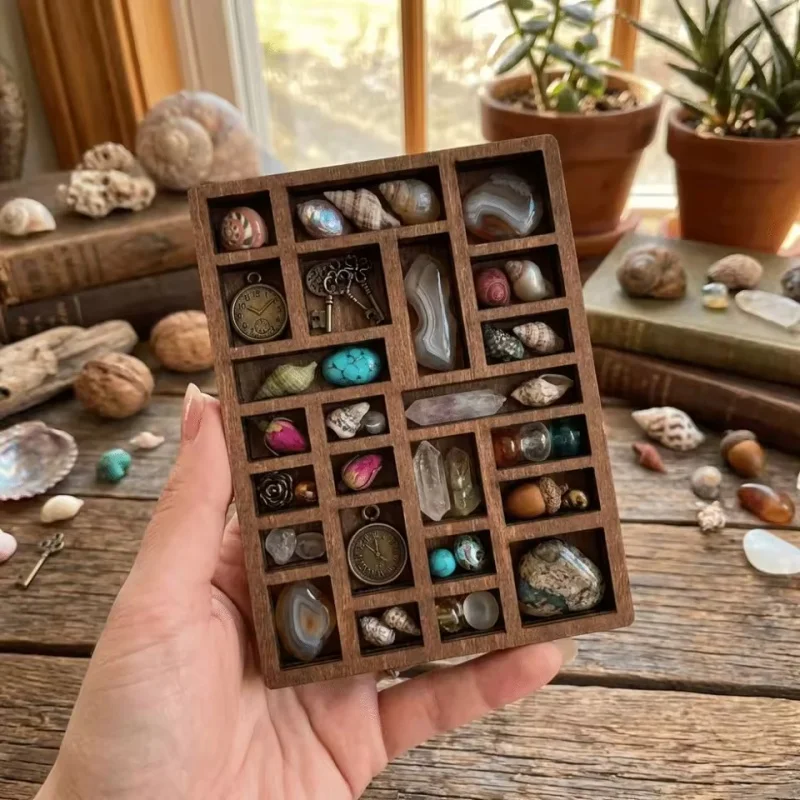 Retro Wooden Mini Jewelry Holder Miniature Crystal Ore Specimen Storage Jewelry Display Tray Multi Compartments Dollhouse Shelf