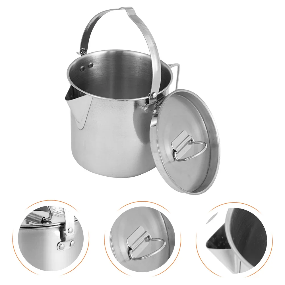 غلاية تخييم من الفولاذ المقاوم للصدأ ذات سعة كبيرة في الهواء الطلق، وعاء غليان الماء المحمول، غلاية شاي خفيفة الوزن للتخييم والمشي لمسافات طويلة