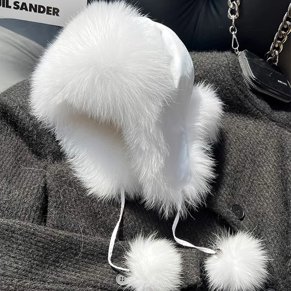 Natural Fox Fur Bomber Hats Winter Warm Women Flurfy Genuine Fox Fur Earfiap Caps Luxury Quality Russian Lady Real Fox Fur Hat