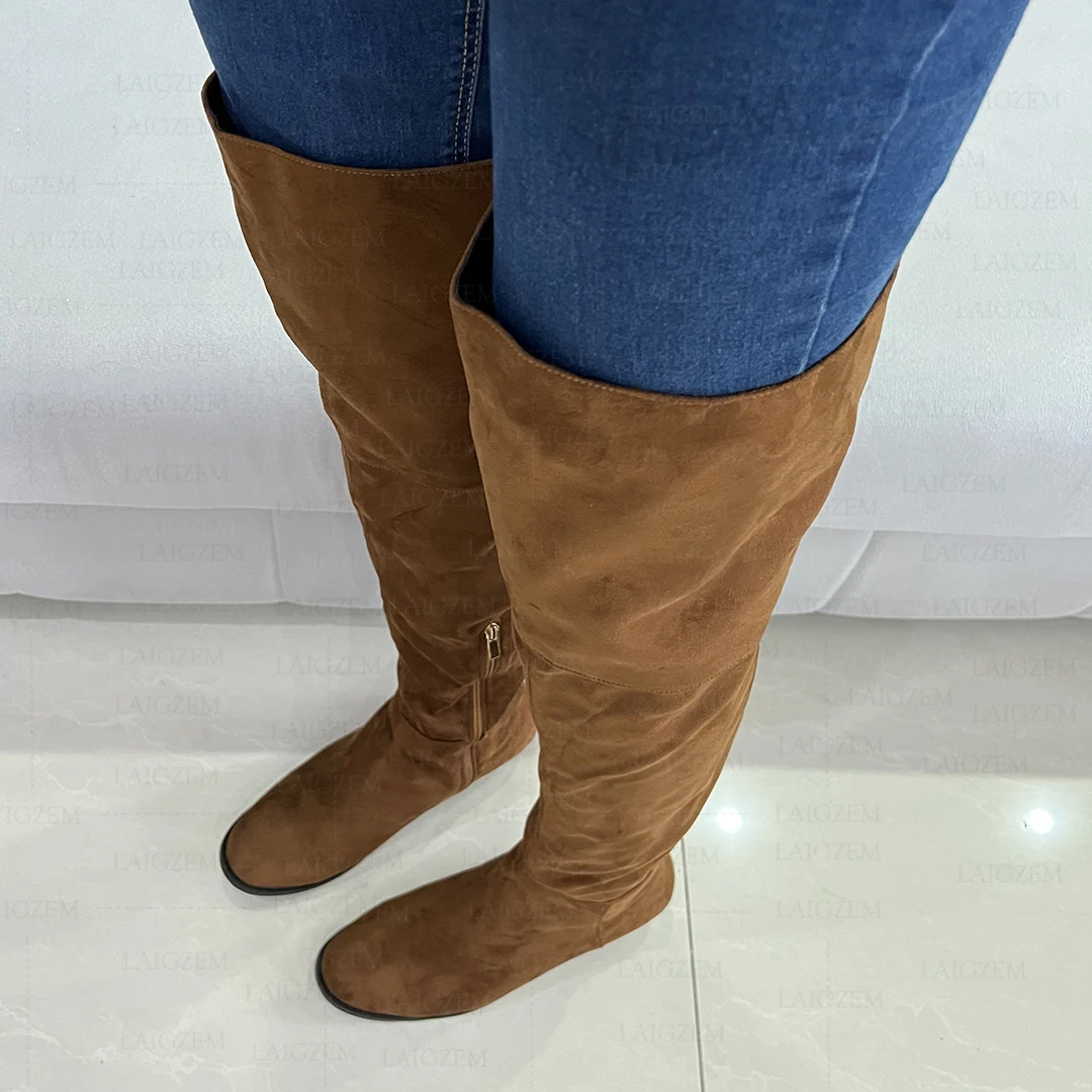 LAIGZEM Women Over Knee Boots Faux Suede Round Toe Side Zip Wide Thigh Friendly Low Heels Boots Shoes Woman Big Size 41 42 47 52