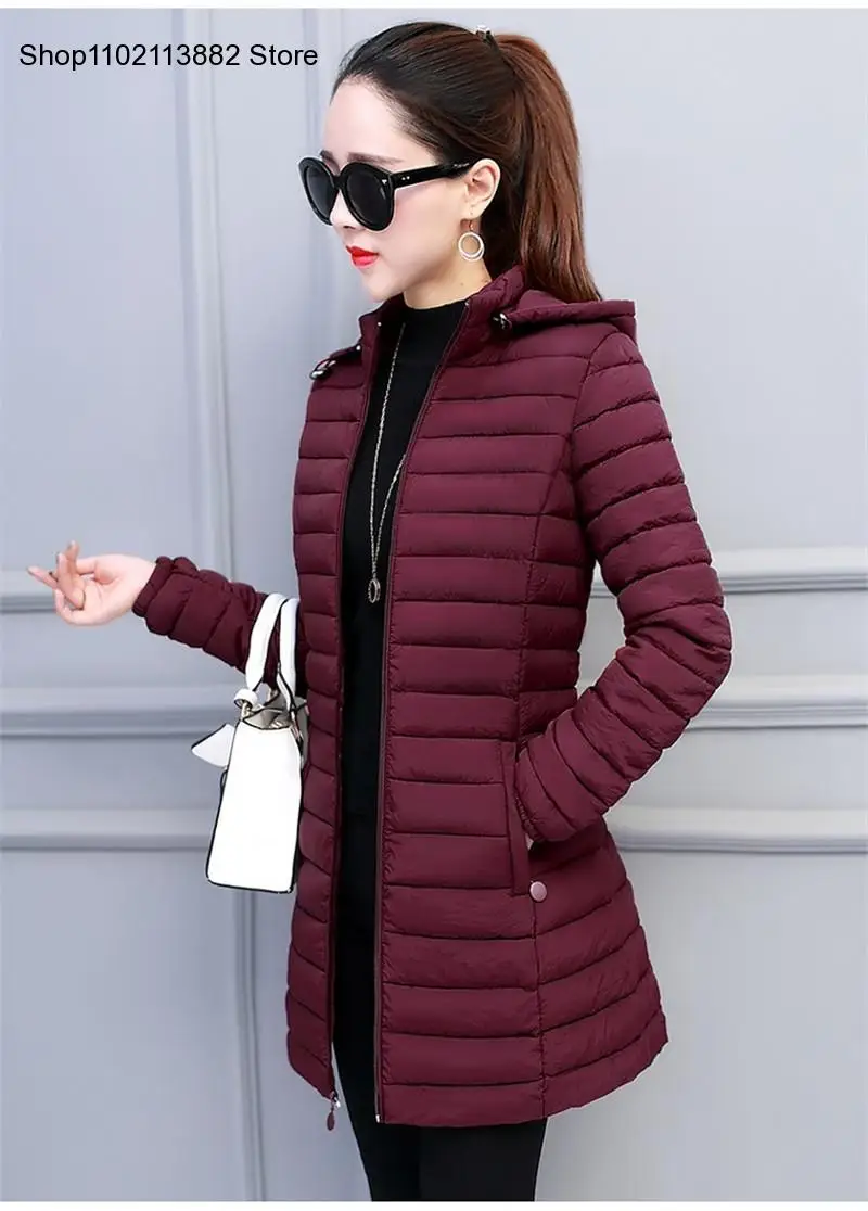 Lightweight Padded Jacket Winter Women\'s Removable Hood Warm Cotton Long Parka