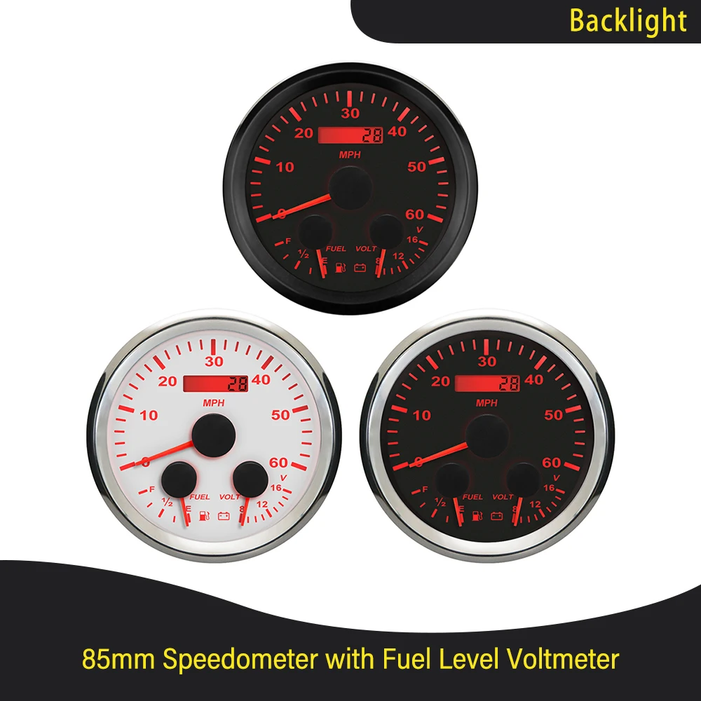 85mm Cars Boat 0-60MPH GPS Speedometer with Fuel Level Tachometer Water Temp Oil Pressure 0-80PSI 5Bar 10Bar Red Backlight 12V