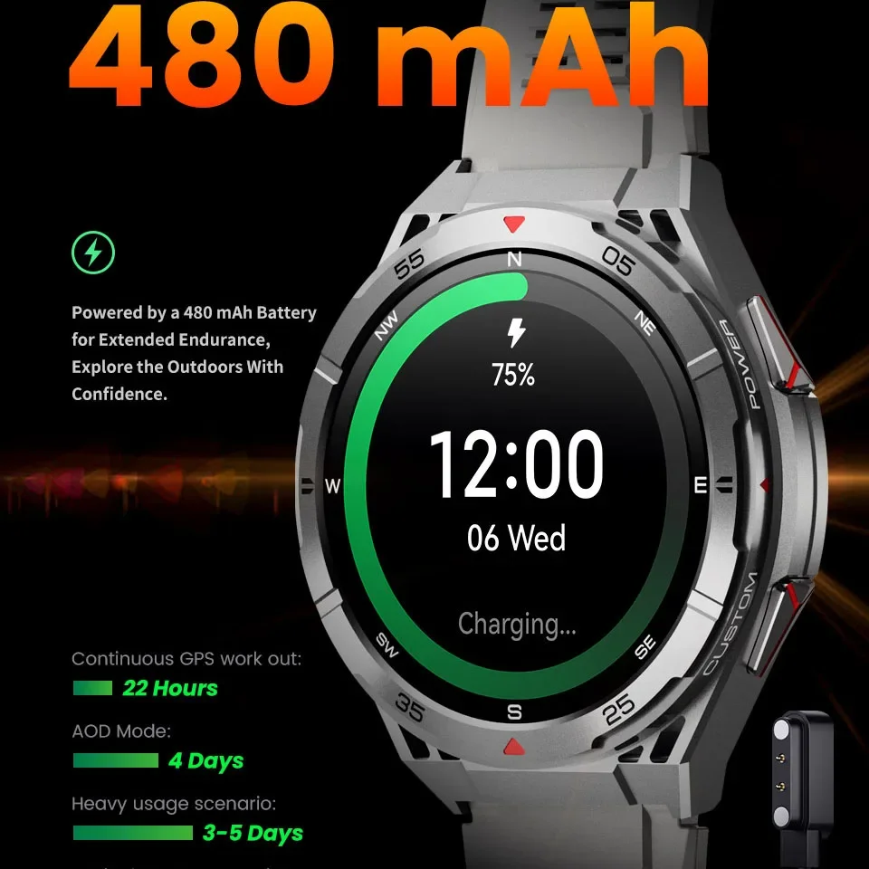 VWAR Smart Watch GPS Sports Compass Altitude Air Pressure BlueTooth Call 3ATM Waterproof Health AMOLED Screen Smartwatch 480Mah