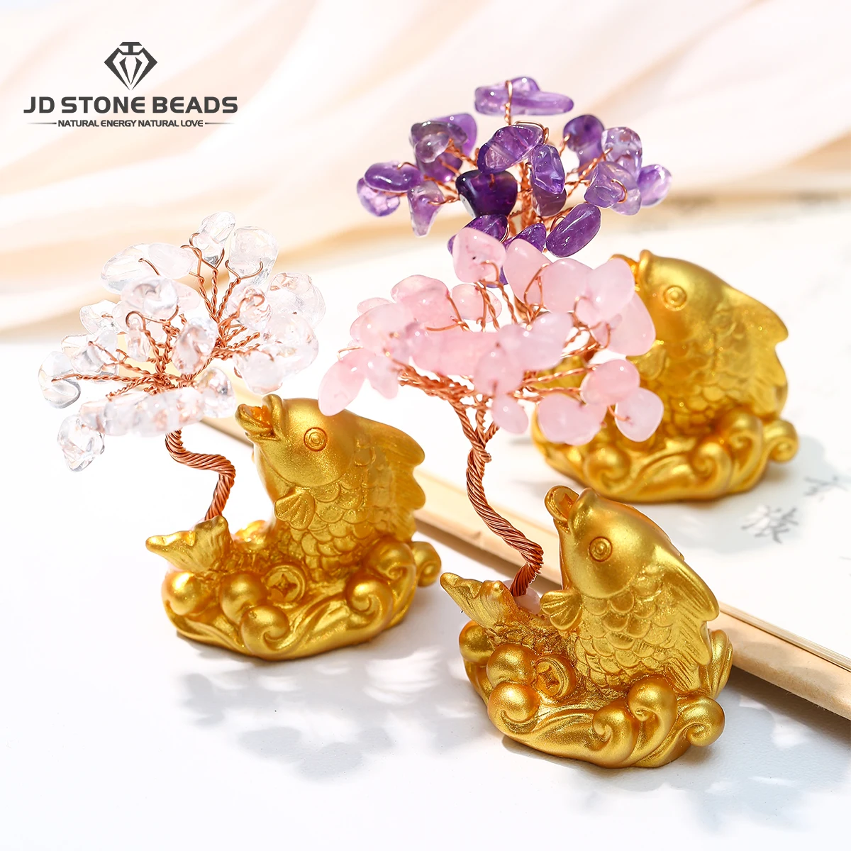 

1Pc Super Mini Natural Crystal Goldfish Tree Copper Wire Wrapped Lucky Wealth Feng Shui Trees Reiki Healing Tabletop Ornaments