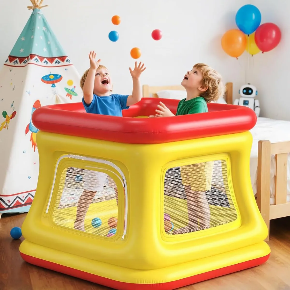 Source Factory Children's Inflatable Bounce House Ocean Ball Pool Jumping Bed Safety Fence 3-in-1 Bounce House