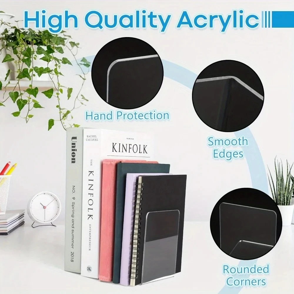 4/8Pcs Clear Acrylic Bookends – Transparent Desktop Book Stopper Stand for Office, Home, School, Retail Display & Book Storage