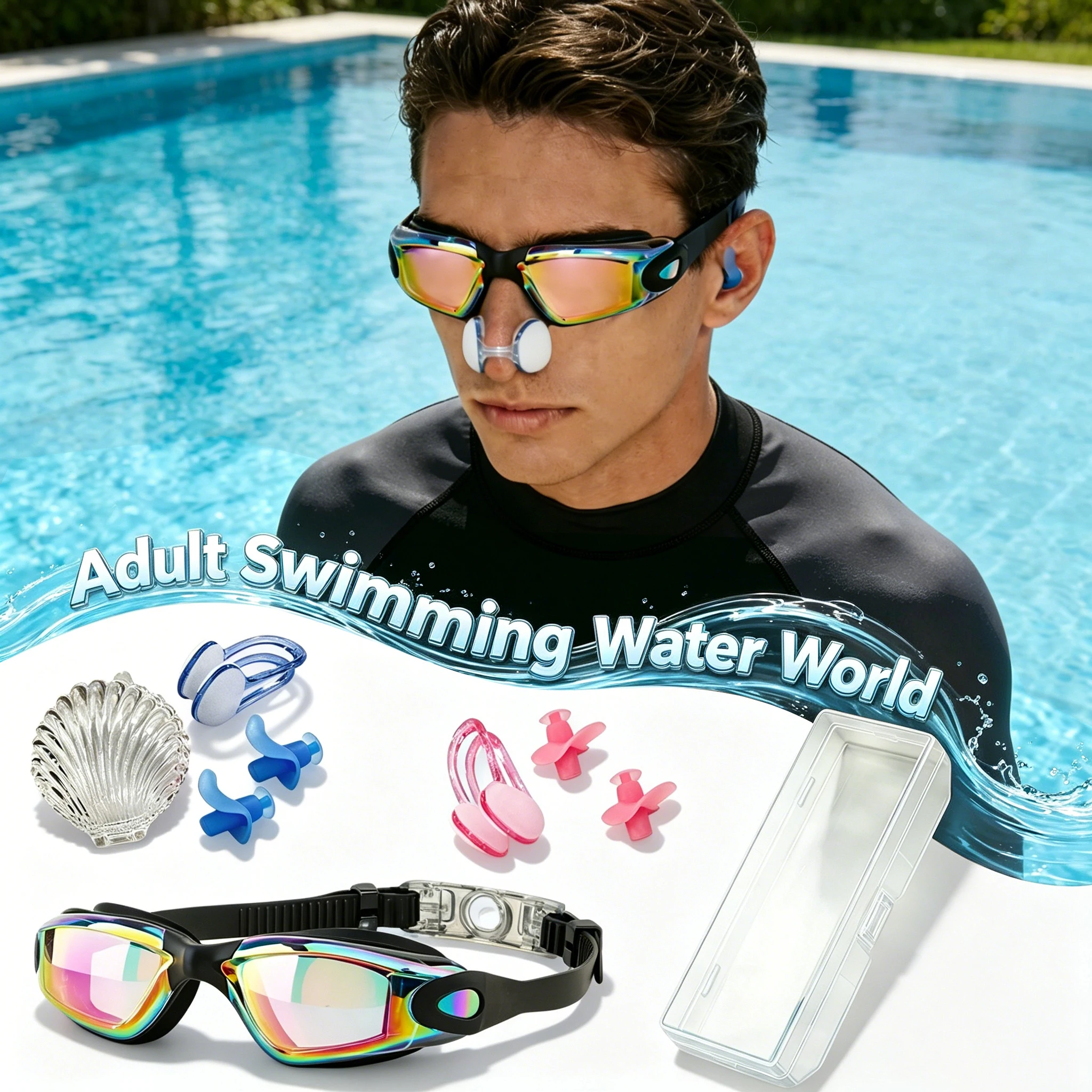 Adult Goggles with Earplugs and Nose Clip Set—Secure Silicone Suction Cups—Competition, Pool, Butterfly Stroke, and Diving Gear