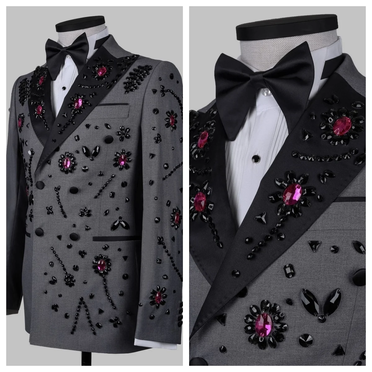 

Серый мужской костюм с металлическими ювелирными камнями для свадьбы, двубортный пиджак для выпускного вечера, смокинги для жениха по индивидуальному заказу, trajes de hombre