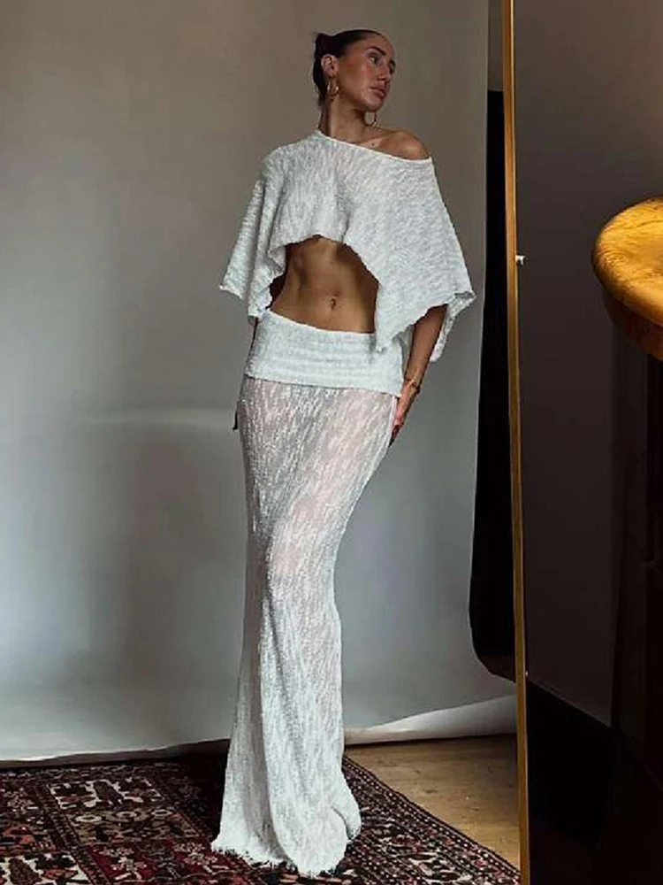 Zestaw 2-częściowy Whatiwear Fashion dla kobiet: asymetryczny top z odkrytym ramieniem i nieregularnym dołem + spódnica z elastyczną talią, prześwitujący, elegancki strój na imprezę