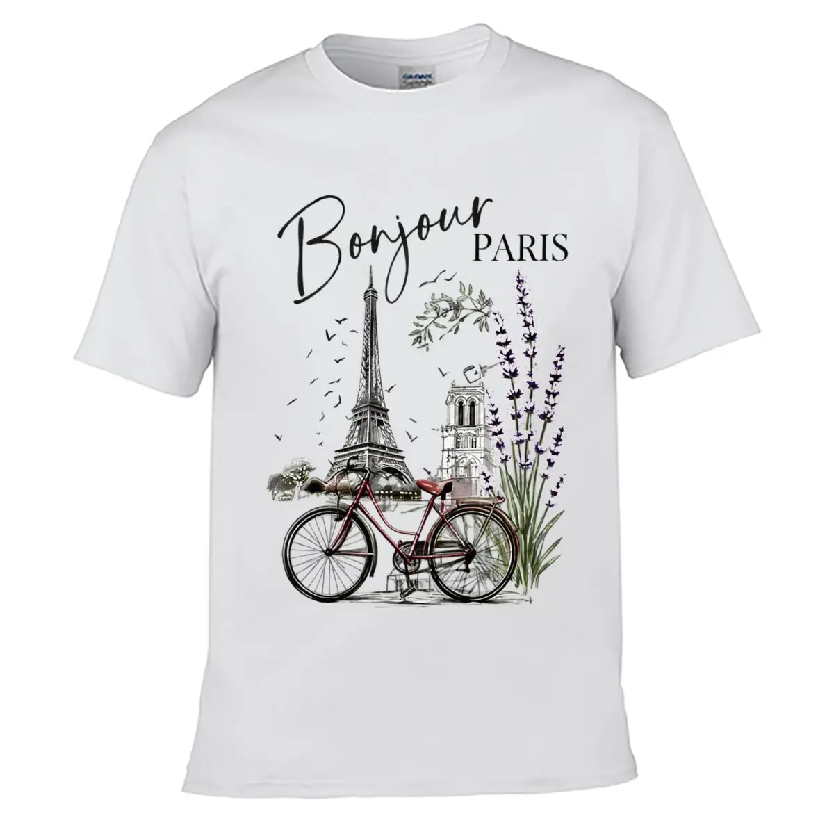 Bonjour Paris Eiffel Tower Bicycle Lavender Notre Dame Birds short-sleeved T-shirt