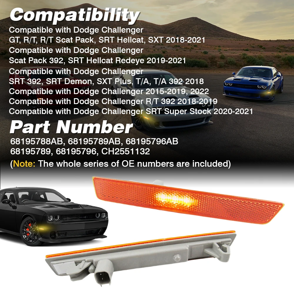 

Car Front Bumper Turn Signal Light Marker Lamps Lights For Dodge Challenger 2015 2016 2017 2018 2019 68195789AB 68195788AB
