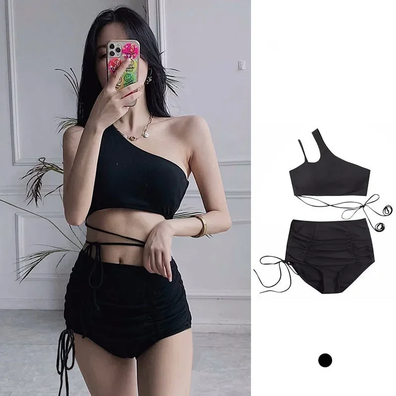 Sexy Korean Fashion One Shoulder Crop Top Mujer Black Drawstring Shorts Bottoms Bikinis Sets Two Pieces Swimsuit Padded Swimwear
