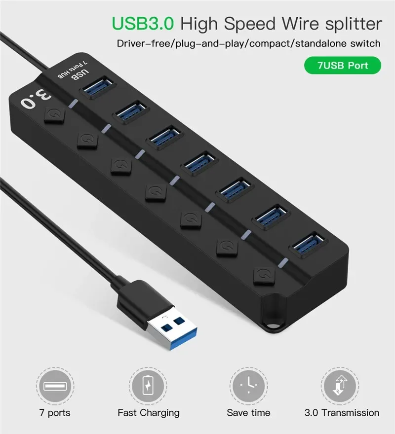 USB 3.0 Hub 4 / 7 Port Super Speed USB 3 Data Hub with Individual Power Switches & EU/US/UK Power Adapter for MacBook Laptop PC