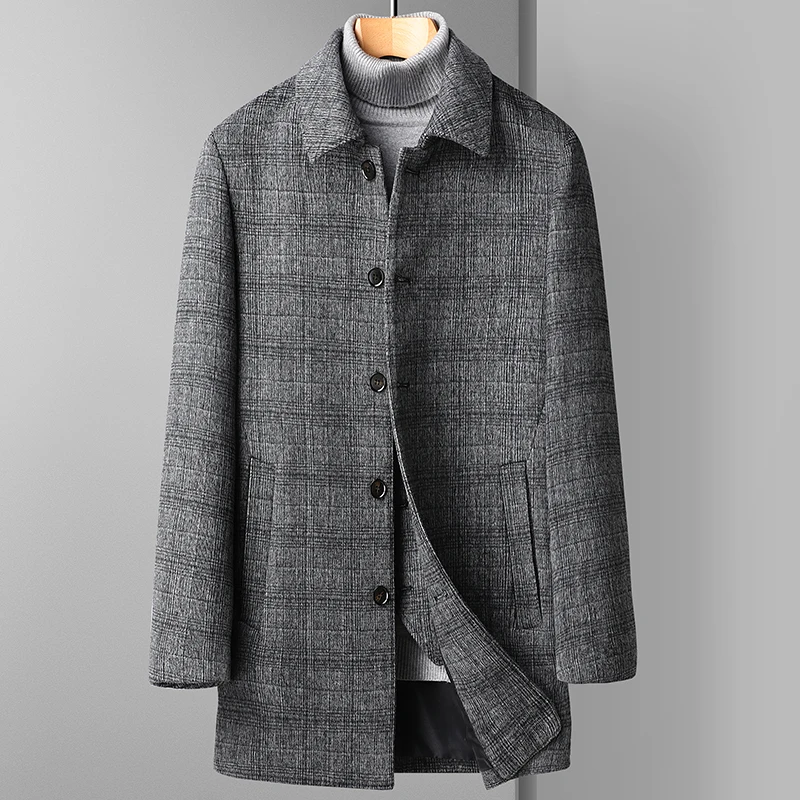 

Casual 2024 Winter Men's Thick Warm Duck Down Liner Woolen Coat Grey Plaid Puffer Overcoat Outwear Checker Wool Windbreak Jacket