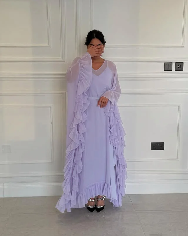 فساتين سهرة شيفون لافندر برقبة على شكل V وأكمام قصيرة مكشكشة على شكل حرف A للحفلات الراقصة بطول الأرض رداء السهرة