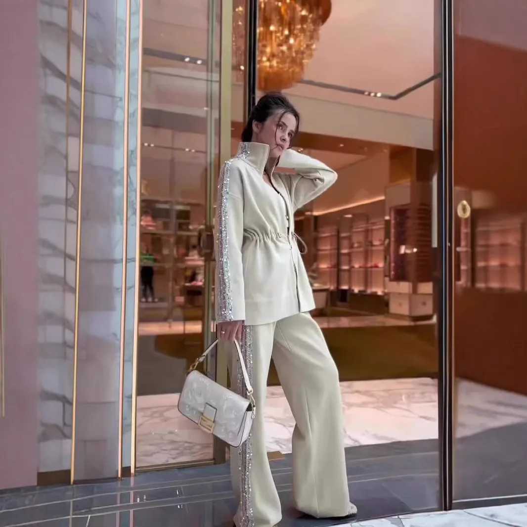 

Women's Two Pieces Set Fashion Sequin Patchwork Drawstring Elastic Top Casual Cardigan Pants 2-Piece Sets Temperament Commuting