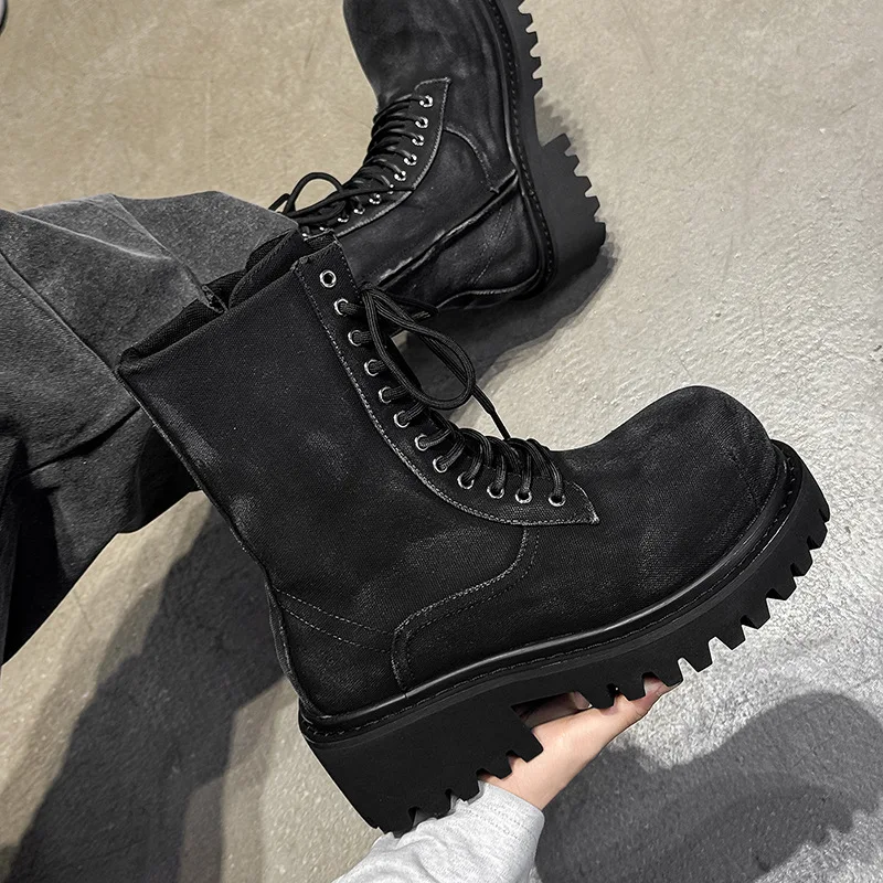 

High Top Men's Boots Round Toe Zipper Design Mid-calf Knight Boots Retro Denim Thick-soled Increases Height Men Motorcycle Boots