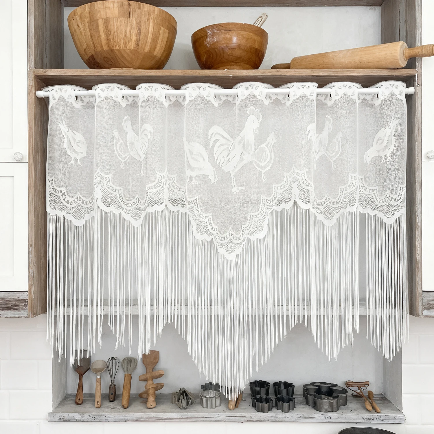 

American Country Lace Short Curtains, Rooster Pattern Farmhouse Curtains with Tassels for Kitchen, Sideboard, Sink Occlusion