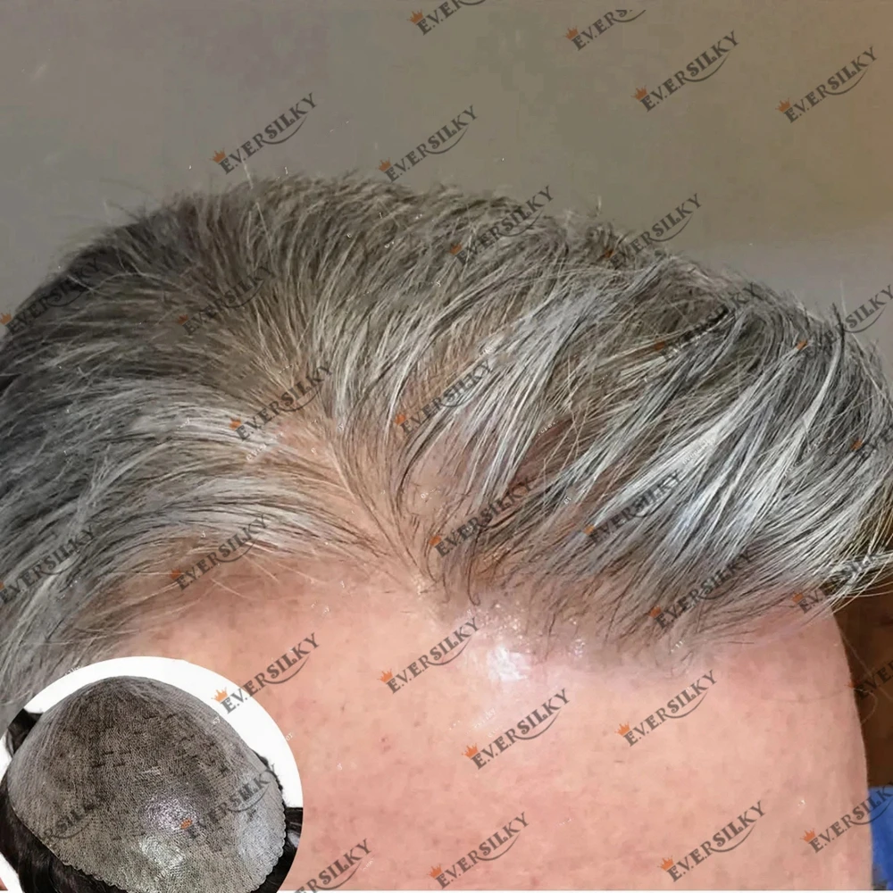 Natural Hairline Human Hair 1B65 1B20 Black Gray Men's Toupee Durable Skin Poly Capillary Prosthesis Non Surgical Men Wig Cheap