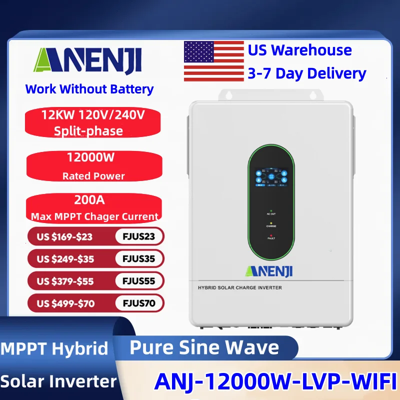 ANENJI 120V/240V 12KW Split-phase Hybrid Solar Inverter Pure Sine Wave Built-in 200a MPPT Solar Charge Controller With CT Sensor