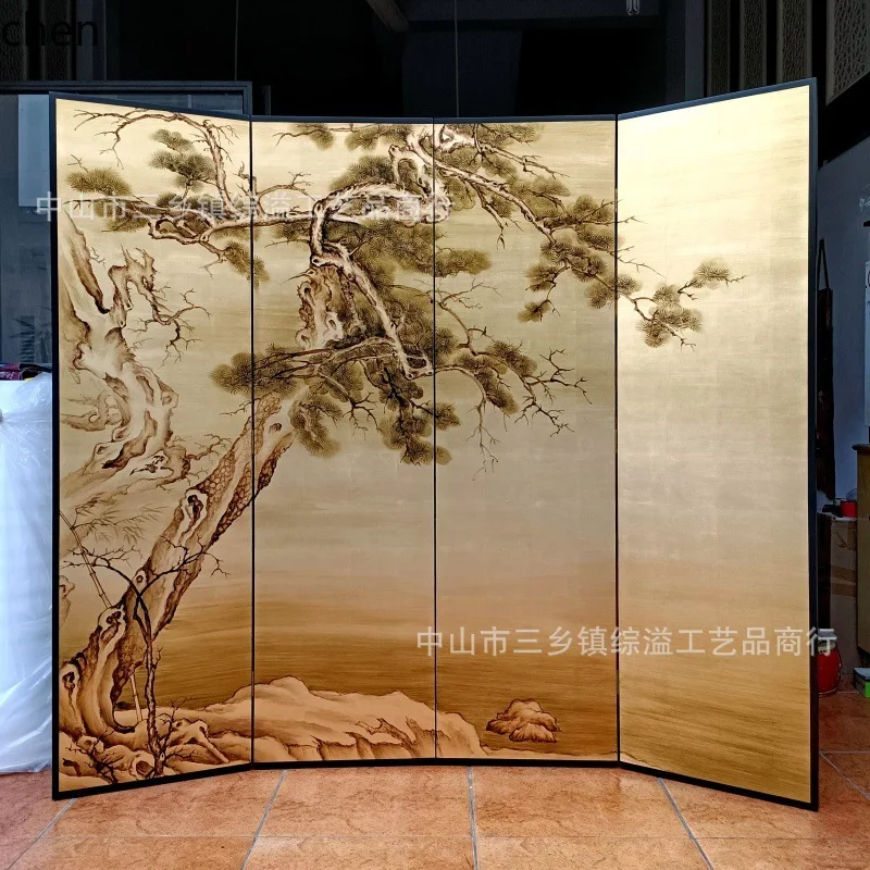 CZ Gold Foil Hand-Painted Welcome Pine  Office Conference Room Solid Wood Background Partition Movable High-End Screen