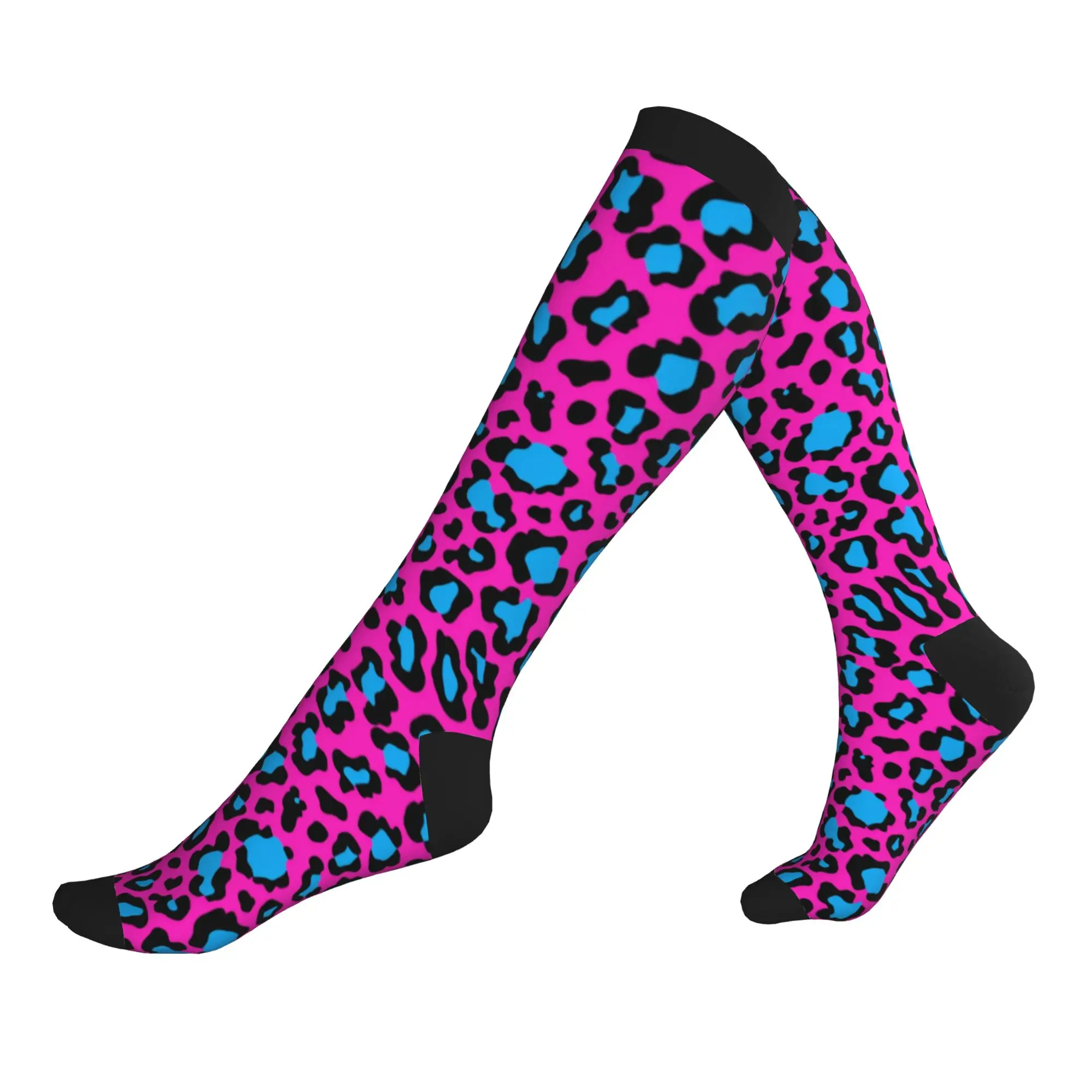 Chaussettes de sport à imprimé léopard rose néon et bleu clair pour hommes et femmes, chaussettes de compression sportives chaudes et amusantes