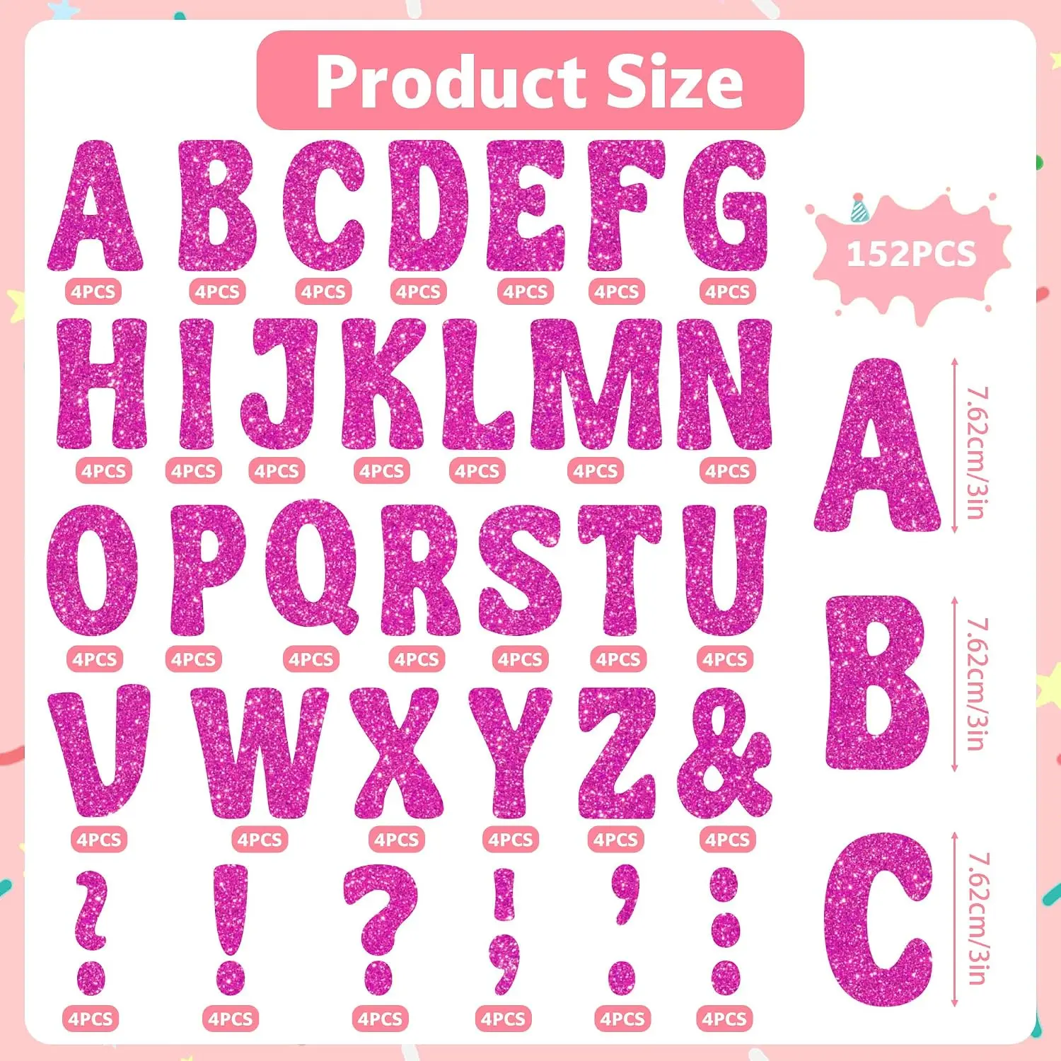 152Pcs 3Inch Magenta Glitter Uppercase Letter Stickers, Self-Adhesive Bulletin Board Letters for Classroom Decor, Wedding