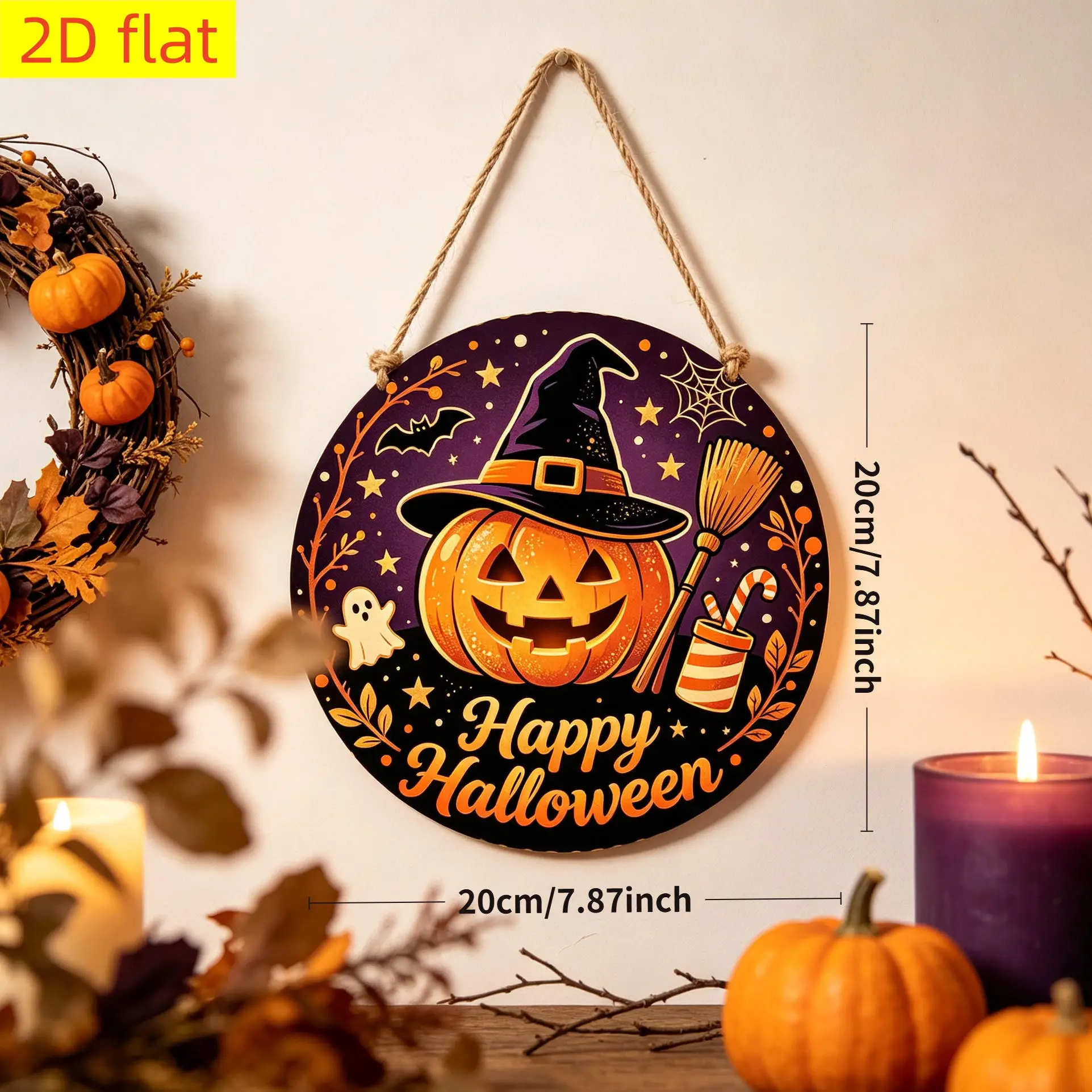 2D Flat, 1pc 2D Flat Printed Halloween Wooden Round Hanging Sign, Door Hanger Ornament, Dual Use as Door Hanger/Wall Hanging, Su