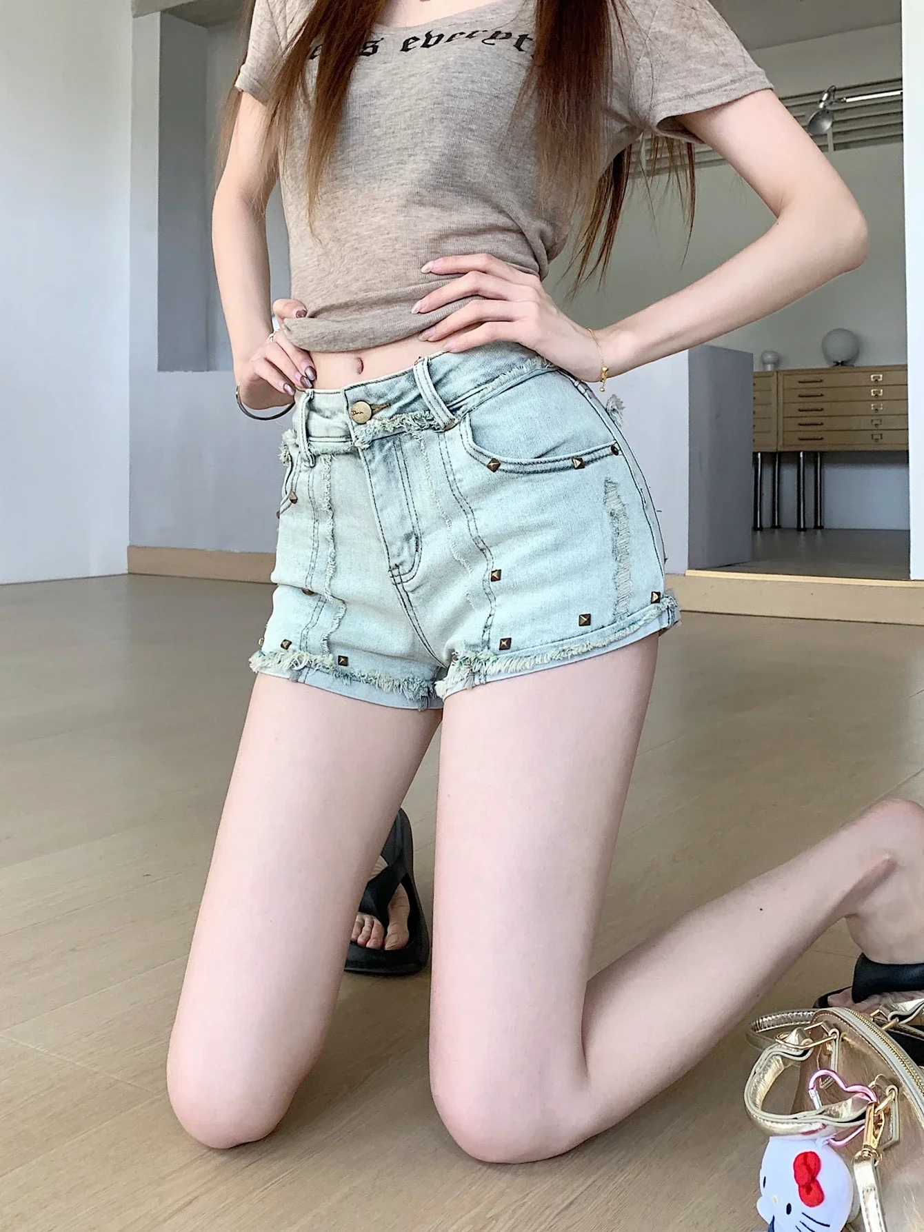 Vintage Blue Rivet Gothic Denim Shorts women 2000s Y2k Harajuku High Waist Summer Hot Pants Streetwear Mini Short Jeans