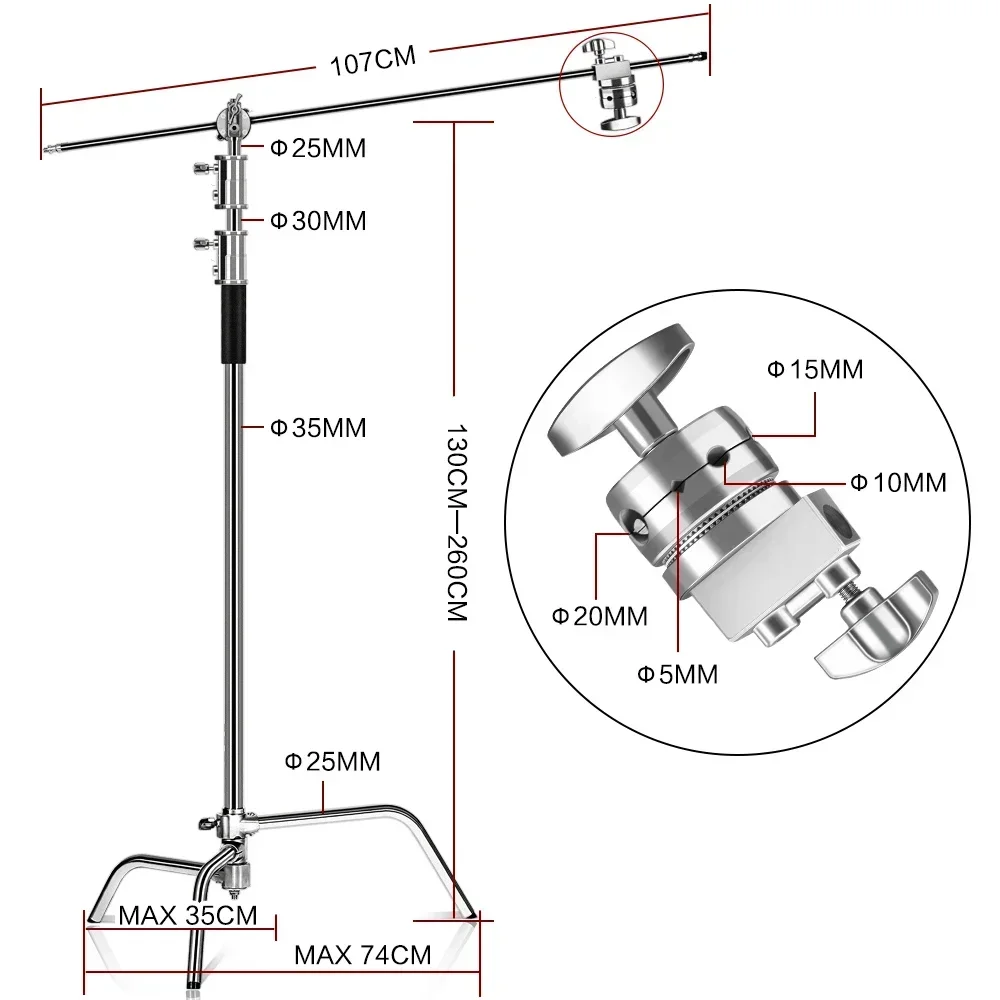 SH Schwerlast-C-Ständer mit Auslegearm 260cm Verstellbarer Edelstahl-Fotografie-Lichtständer für Studiobeleuchtung, Softboxen