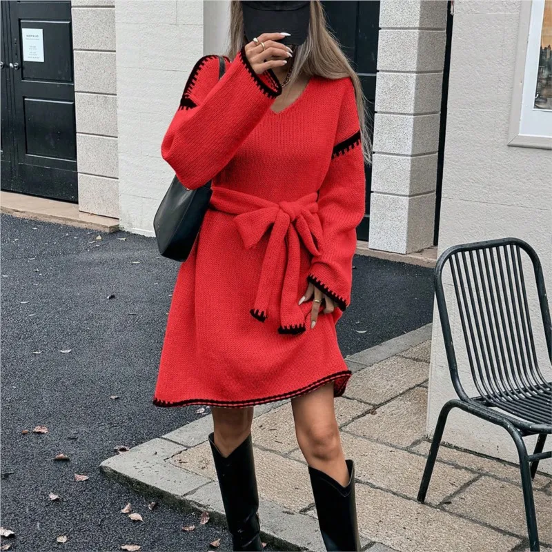 

Women V-neck Sweater Dress Fall Winter Fashion Loose Lace Up Knitted Dress Long Sleeve Sweaters Fashion Dresses Female vestido