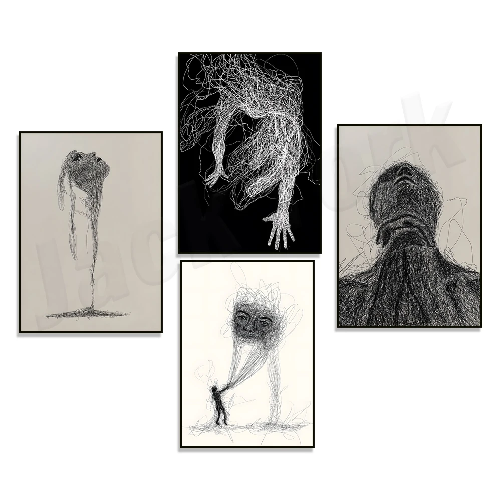 Black abstract art, line art female figure 