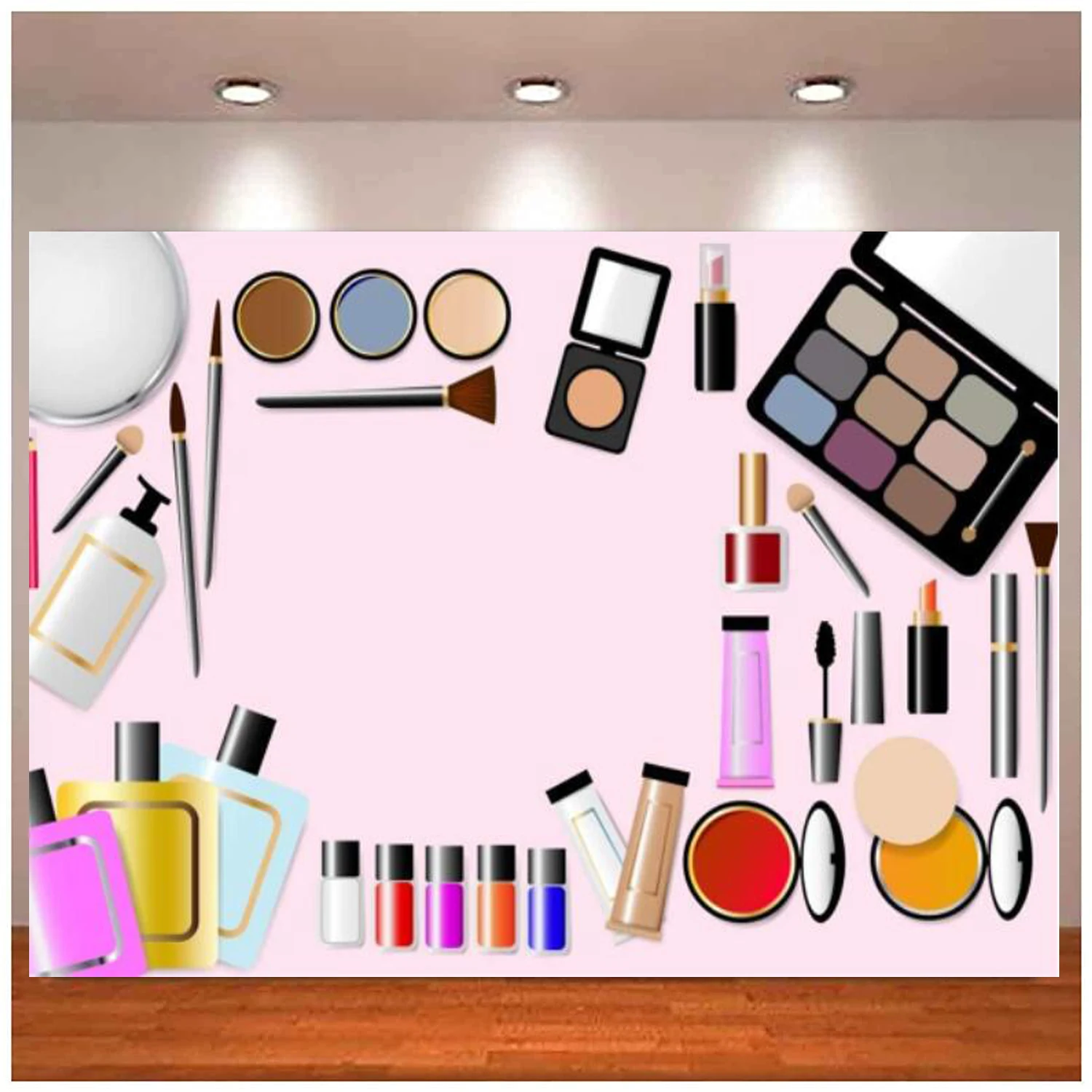 Produits de maquillage sur toile de fond de table, cosmétique, mode pour dames, rouge à lèvres, pinceaux, fond de magasin de beauté, soins de la peau, spa, fête au henné