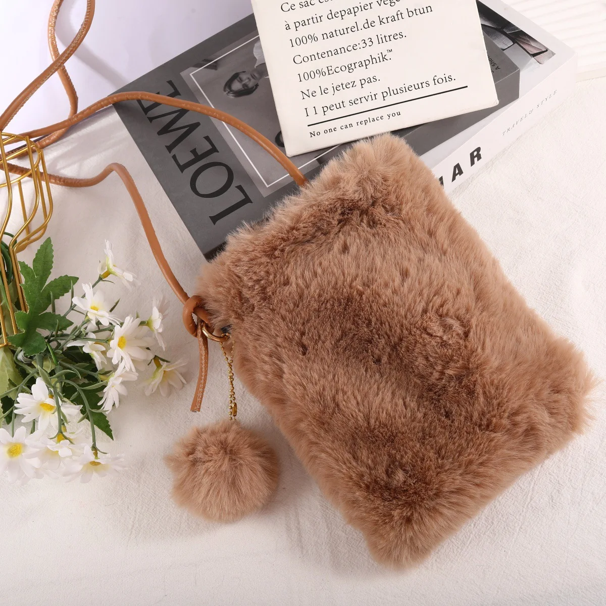 

Korean Edition Plush Mobile Phone Bag Simple Style Crossbody Small Wallet Autumn Winter New Women Solid Color Hanging Rope Bag